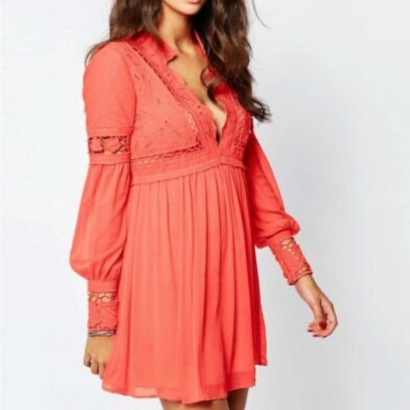 Free People In Dreamland Dress Coral Long
Sleeve Mini Cut Out Vneck Sz 4 - Picture 15 of 15